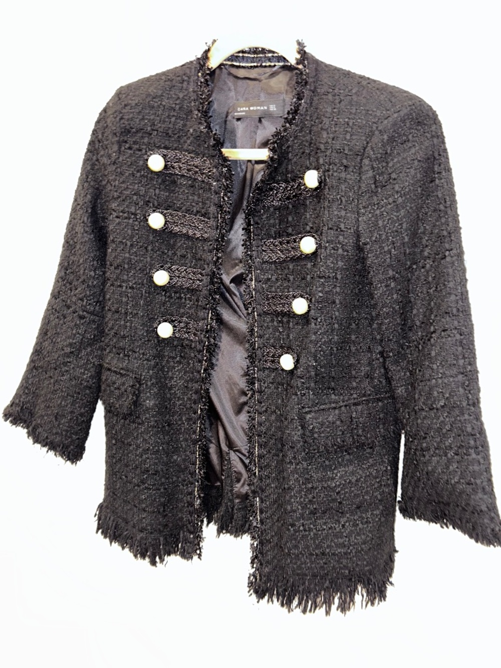 Zara Woman Gorgeous Black boucle fringe trim coco jacket S